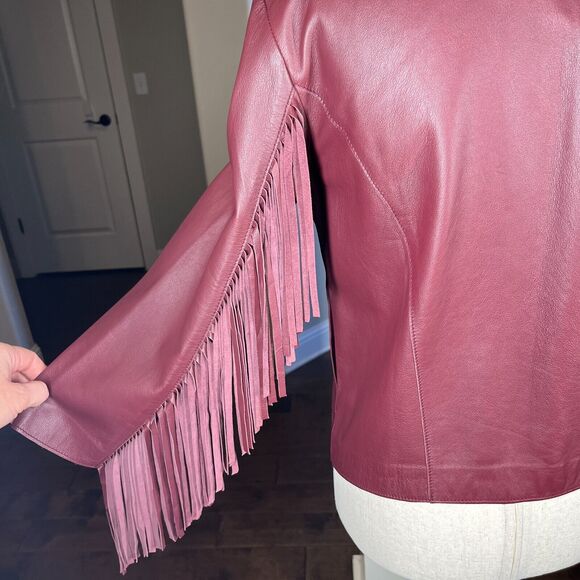 Cleobella Everly Fringe Moto 100% Genuine Sheep Leather Jacket Burgundy Red L - Picture 2 of 13